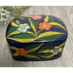 Vintage India Hand Painted Lacquered Paper Mache Lidded Trinket Box Blue Floral